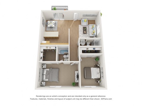 Floor plan for 2 beds, 2 baths, 1025 sqft